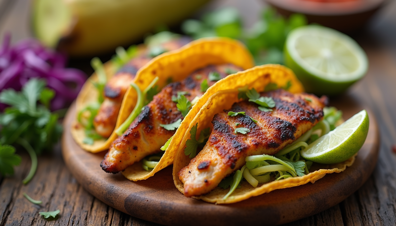 High angle view of smoked fish tacos with cabbage and lime wedges