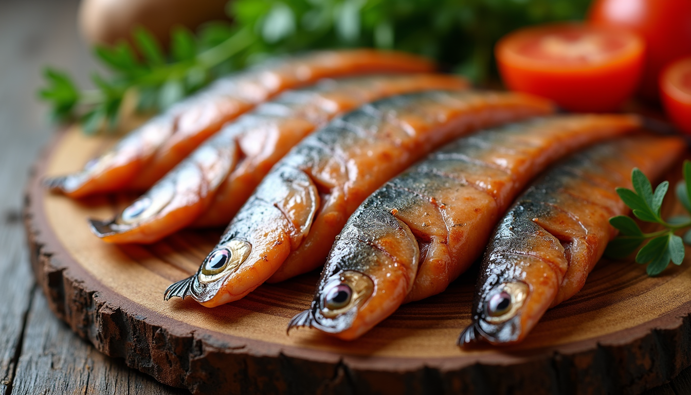 Close-up view of smoked mackerel fillets on a wooden board