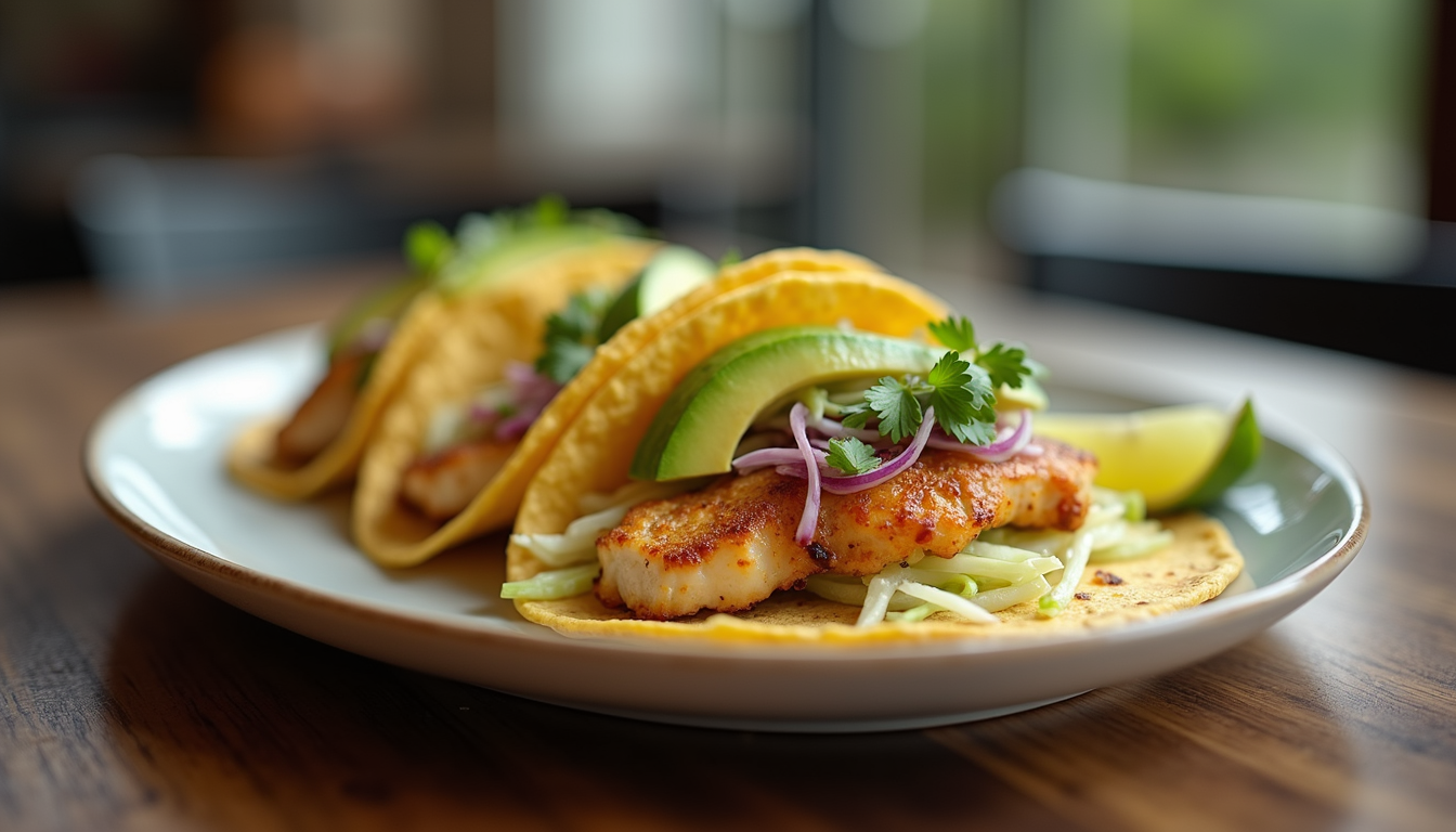 Eye-level view of smoked fish tacos with avocado and cabbage
