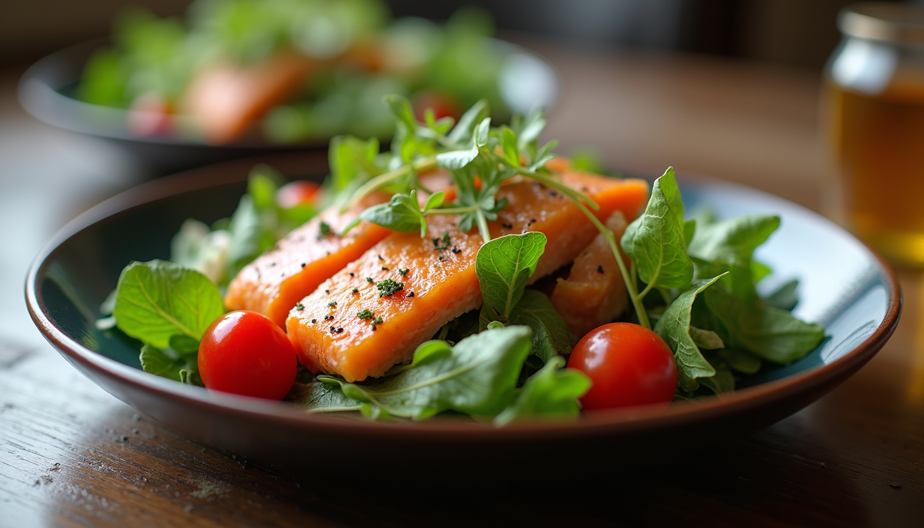 Eye-level view of a smoked fish salad with mixed greens and cherry tomatoes