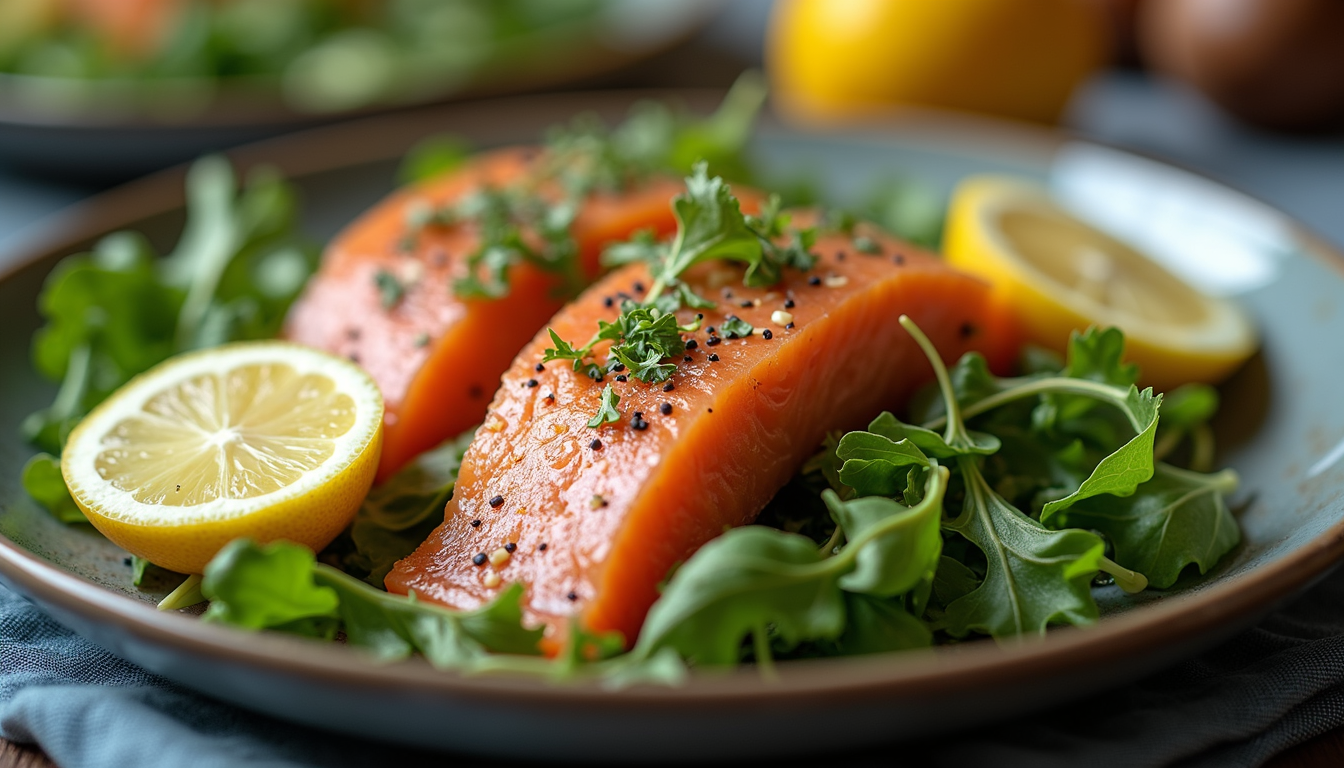 Close-up view of smoked fish salad with greens and lemon wedges