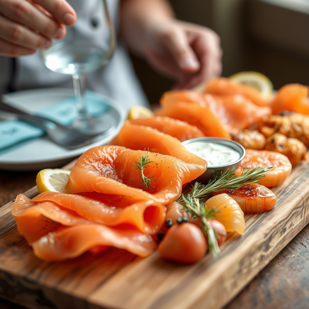 Eye-level view of smoked fish platter with various types of fish