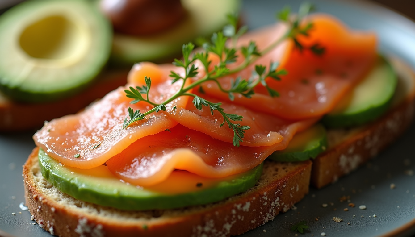 Close-up view of smoked fish on toast with avocado slices