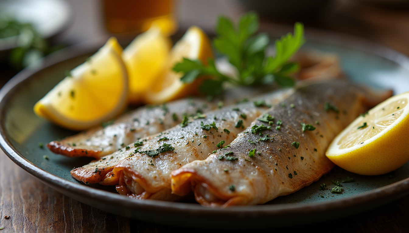 Eye-level view of smoked fish platter with lemon wedges and herbs