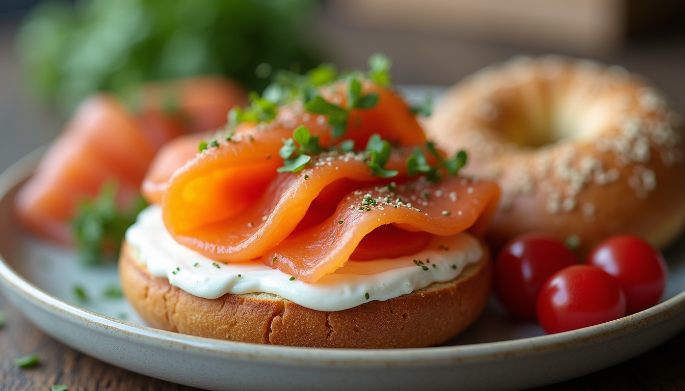 Close-up view of a beautifully arranged plate of lox on a bagel with cream cheese and garnishes